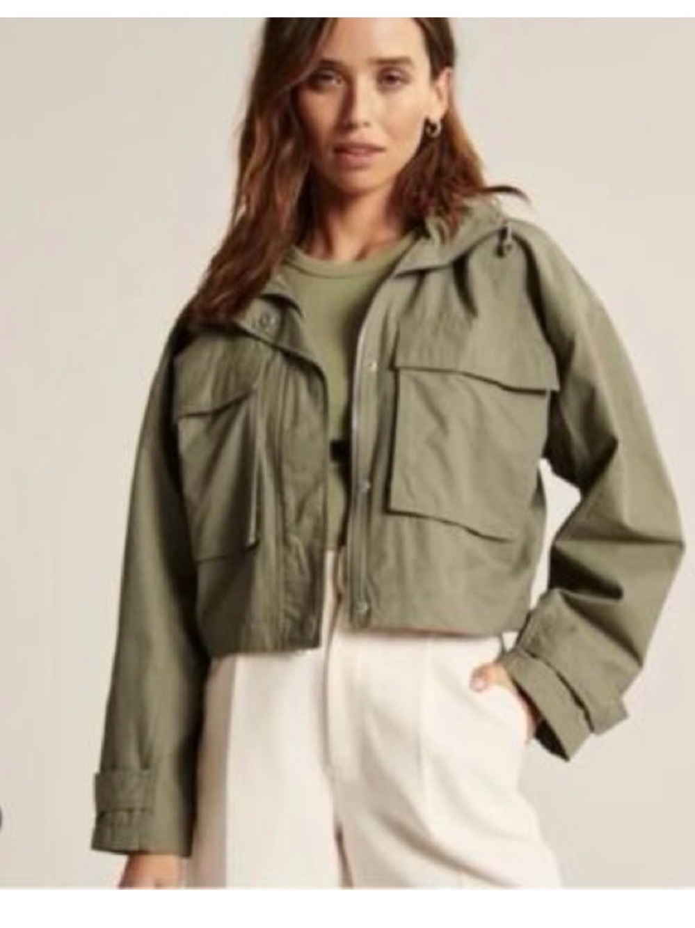Abercrombie Olive Utility Hooded Cropped Jacket Sz L - Picture 2 of 7